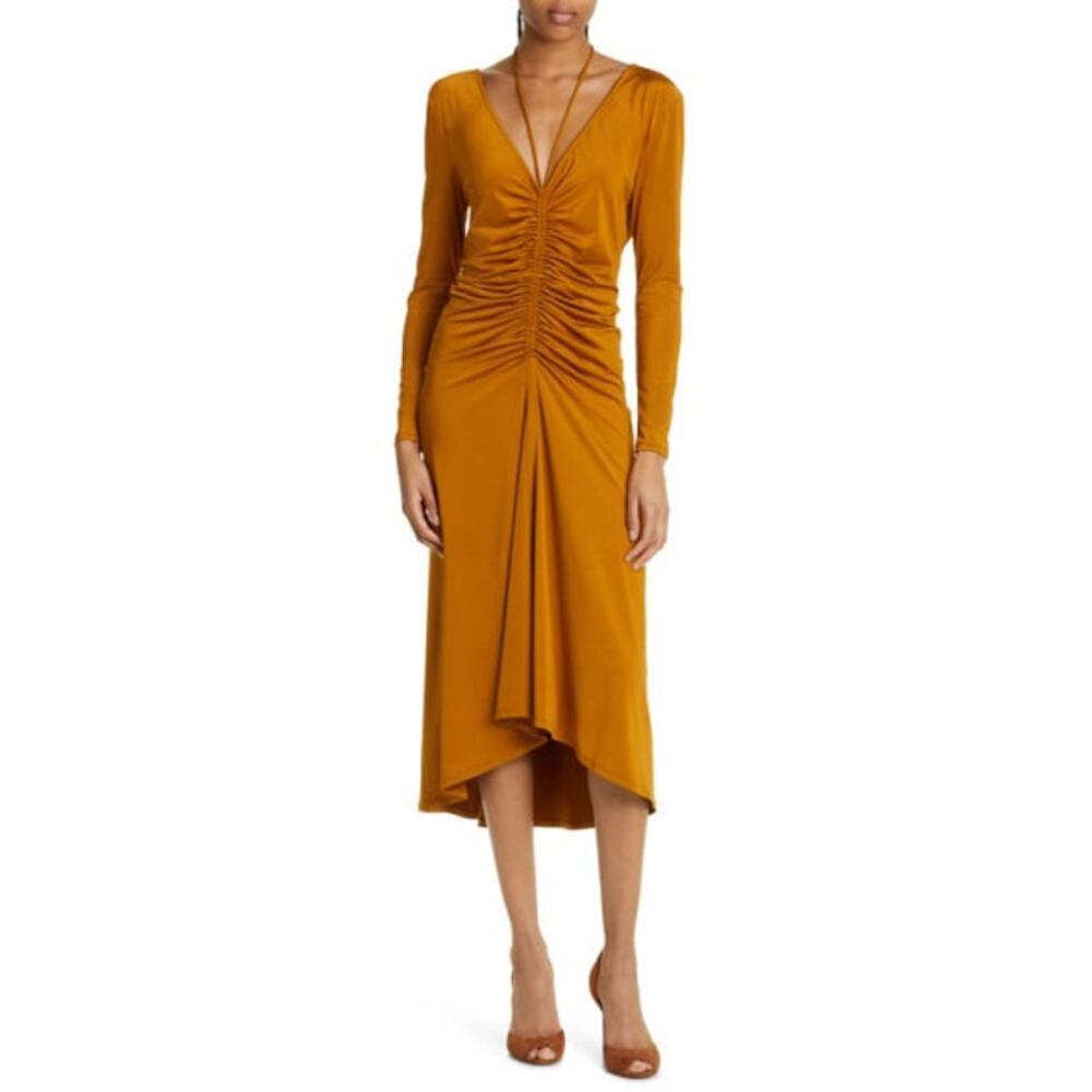 Veronica Beard‎ Gilbert Dress Ruched Front V-Neck Tie Antique Gold  Sz 4